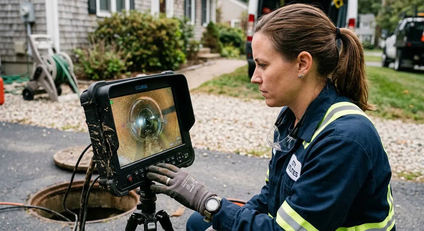 Technician reviewing sewer camera inspection footage in Huntington Beach