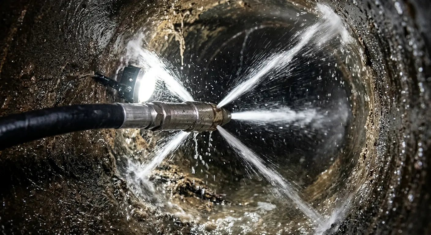 High-pressure hydro jetting nozzle cleaning sewer pipe for Sewer Cleanout in Huntington Beach