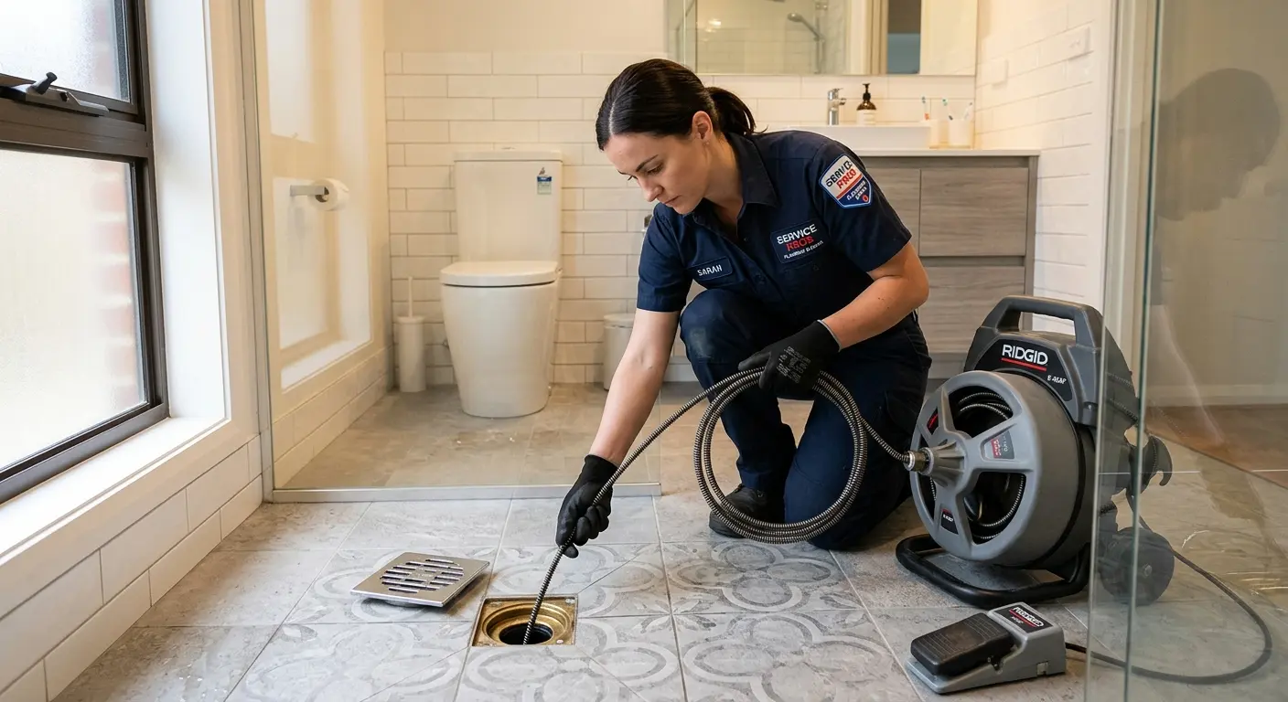 Technician clearing a bathroom floor drain for Drain Cleaning in Huntington Beach
